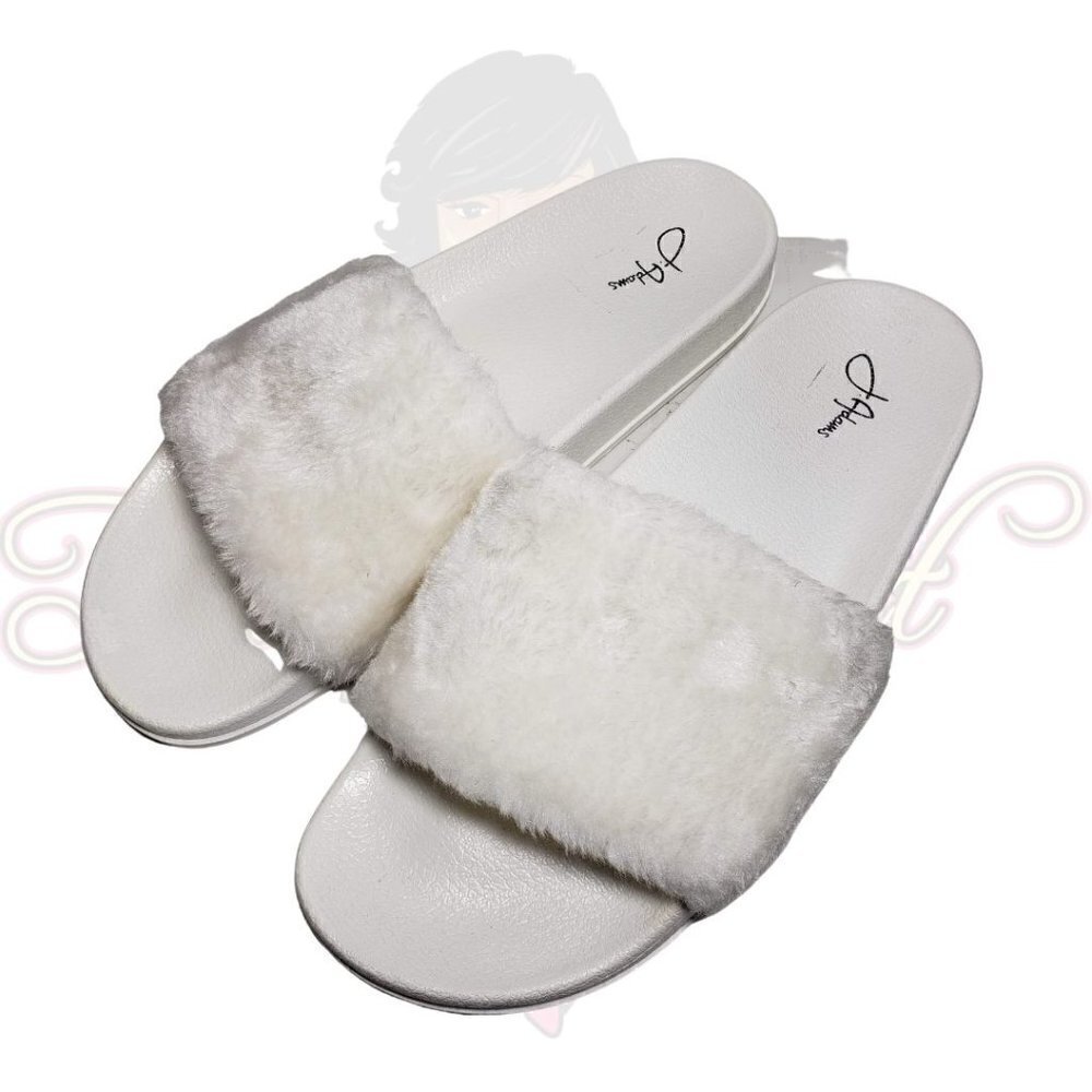 J. Adams White Open Toe Backless Fur Slide Sandals